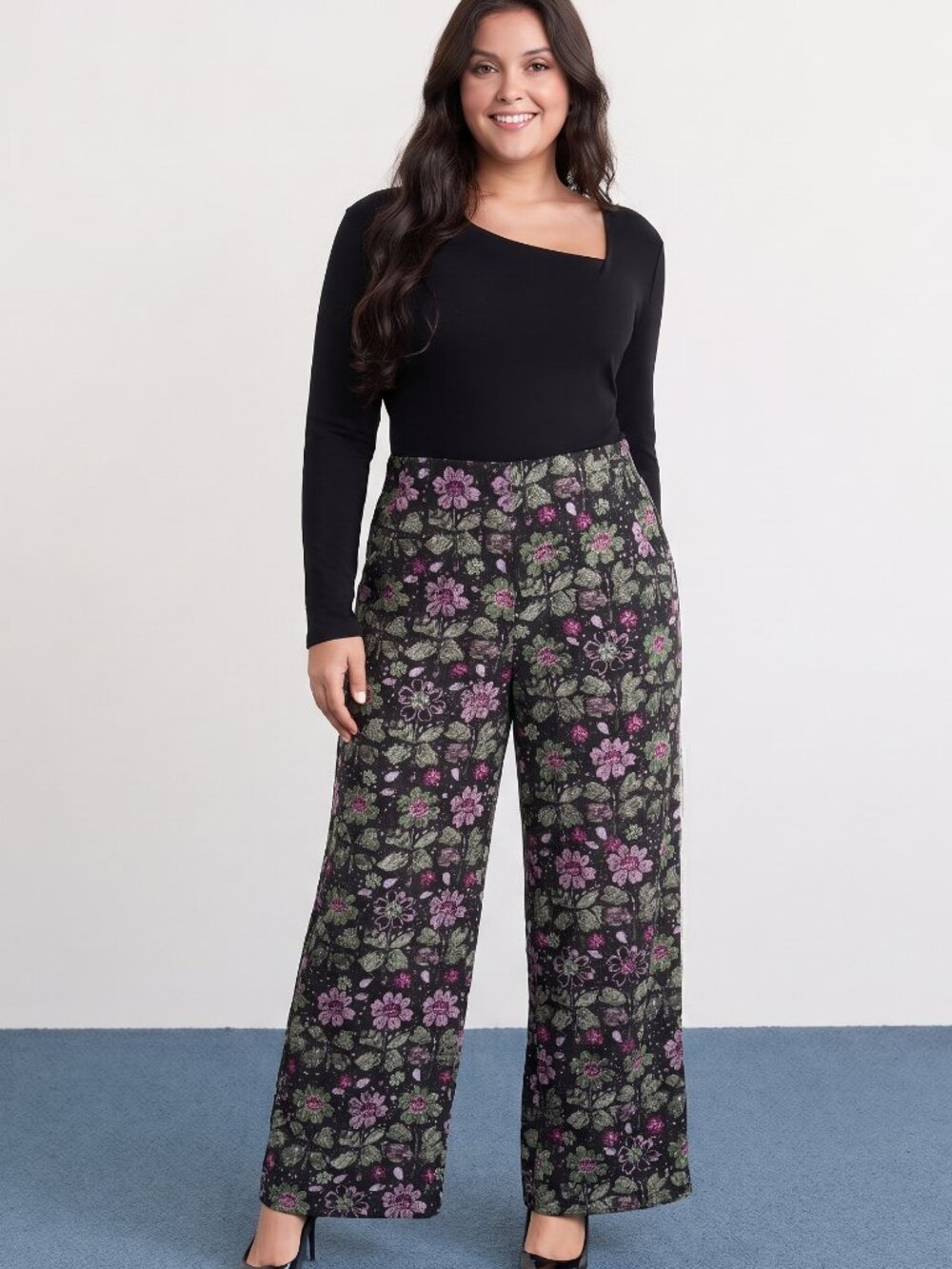 Zara Black Floral High Waist Wide-Leg Pants